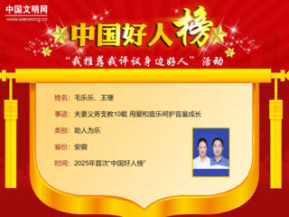 【校友动态】永利官网2005届音乐教育专业校友毛乐乐、王珊荣登2025年首次“中国好人榜”
